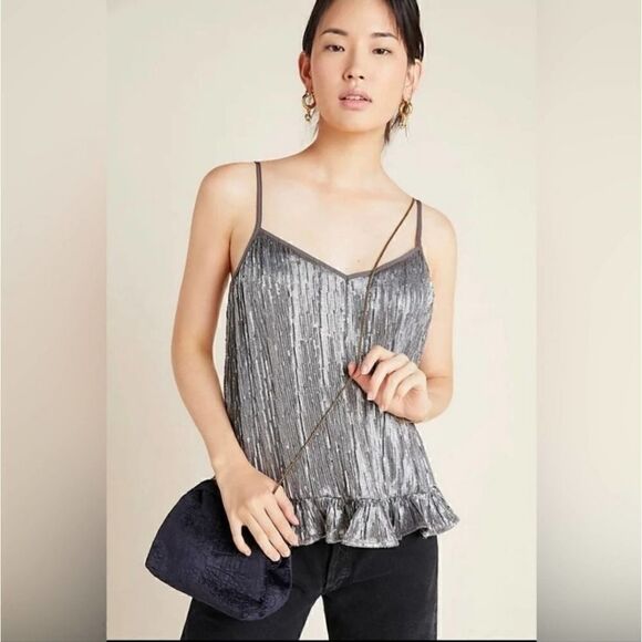 Anthropologie Grey Amelie Beaded Cami Top, Adjustable Straps, ruffled Hem| 8 - Picture 3 of 10